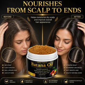 YBW Raw Batana Oil 132g lifestyle scene with hair care products