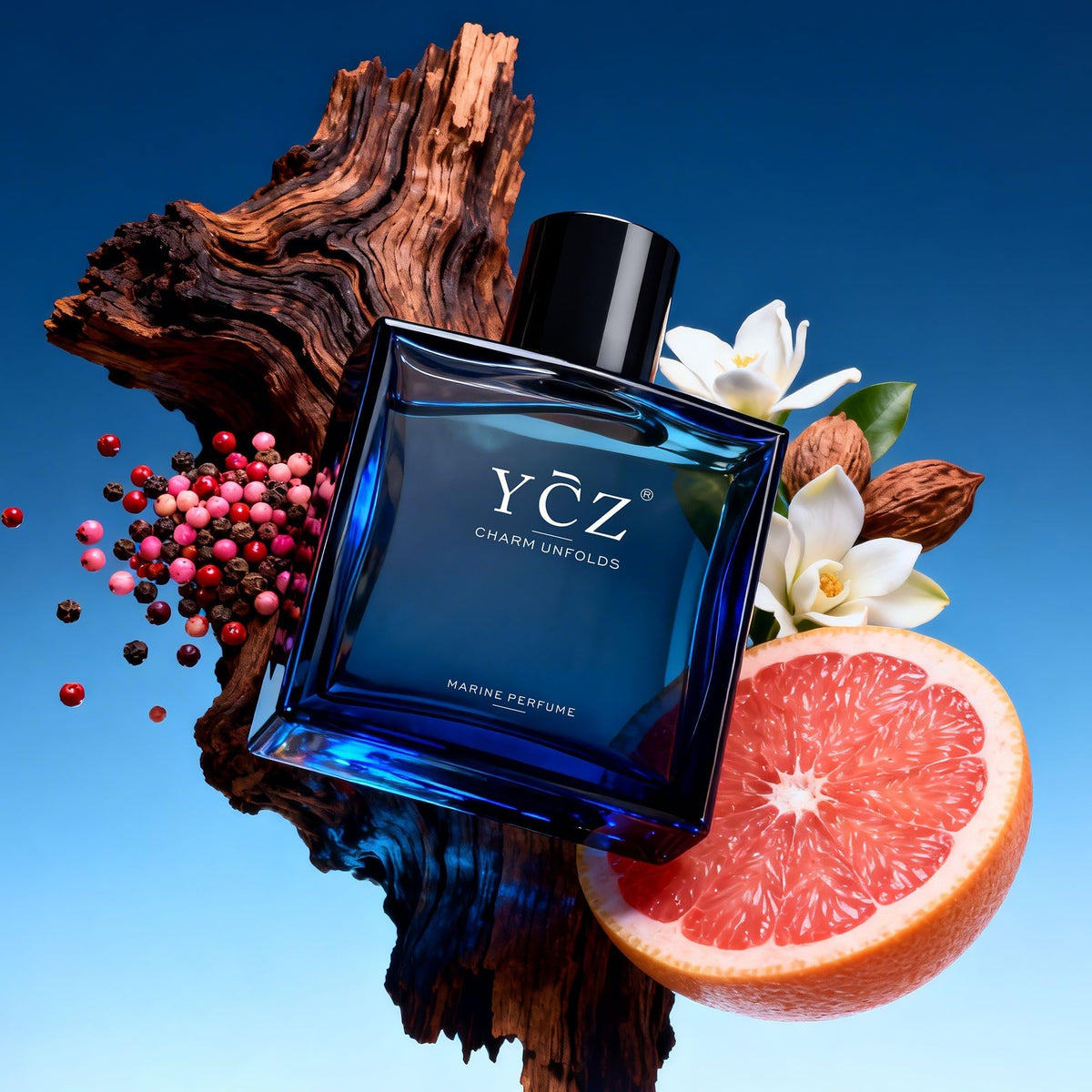 Ycz Midnight Marine Eau De Parfum on a wooden surface