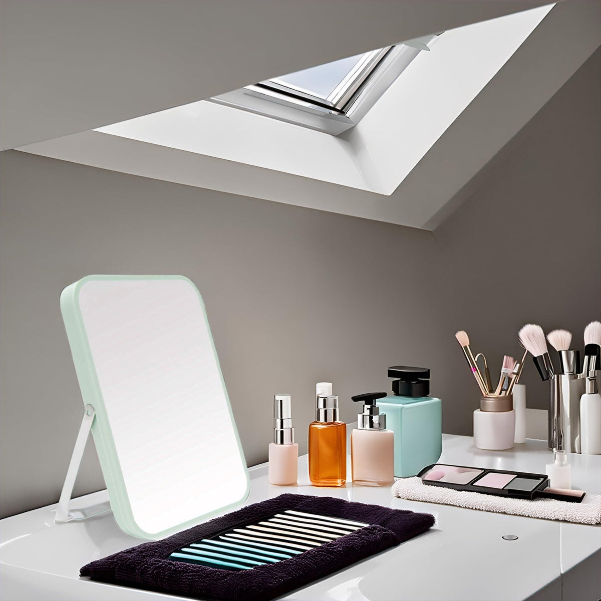 YEAKE Portable Folding Makeup Mirror in use on a bathroom counter