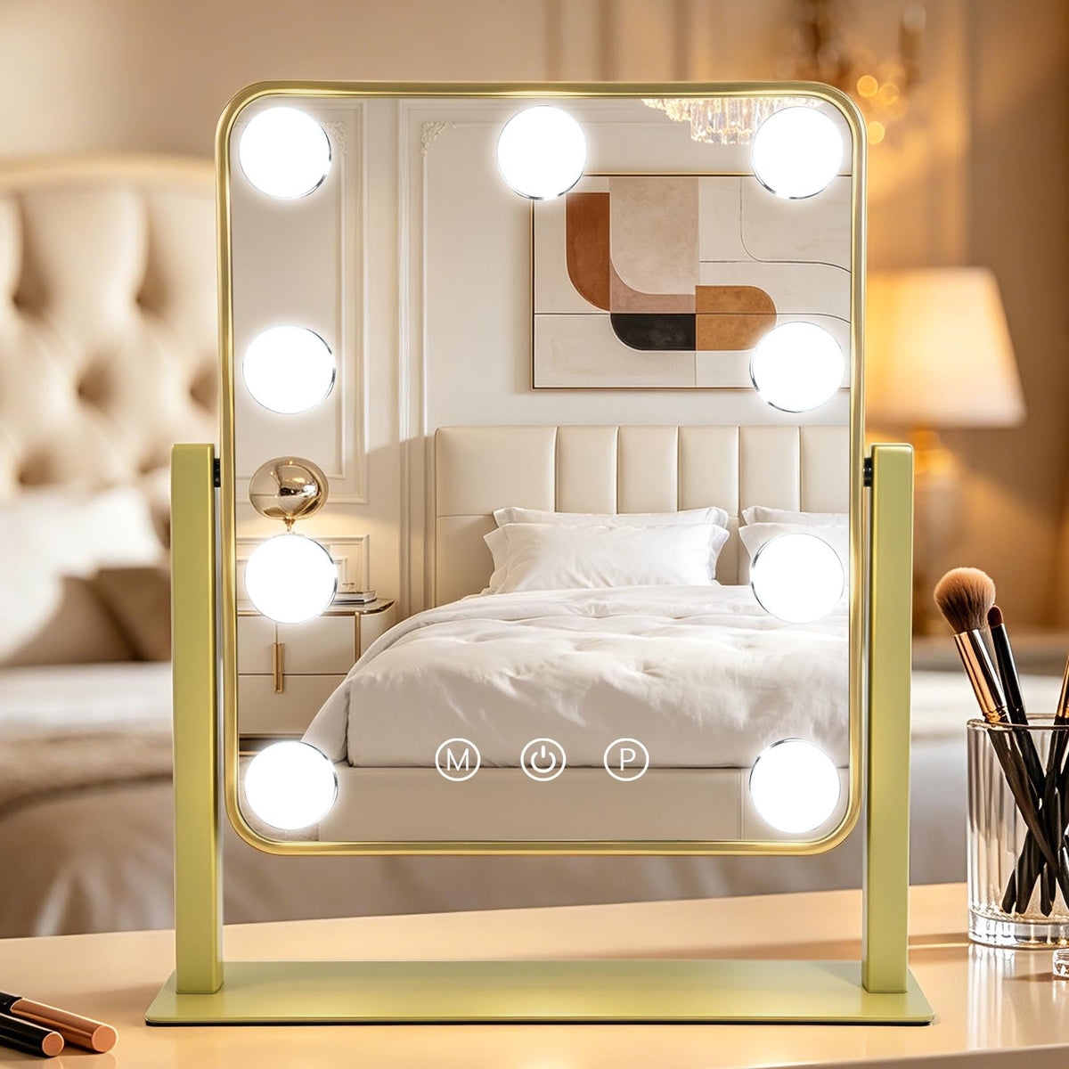 YEKKOPT 14x12 Gold Vanity Makeup Mirror front view with lights