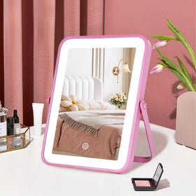 YEKKOPT Pink Rechargeable Vanity Mirror front view with LED lights