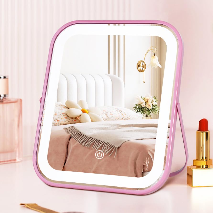YEKKOPT Pink Rechargeable Vanity Mirror front view with lights