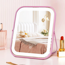 YEKKOPT Pink Rechargeable Vanity Mirror front view with lights