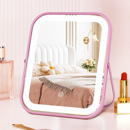 YEKKOPT Pink Rechargeable Vanity Mirror front view with lights