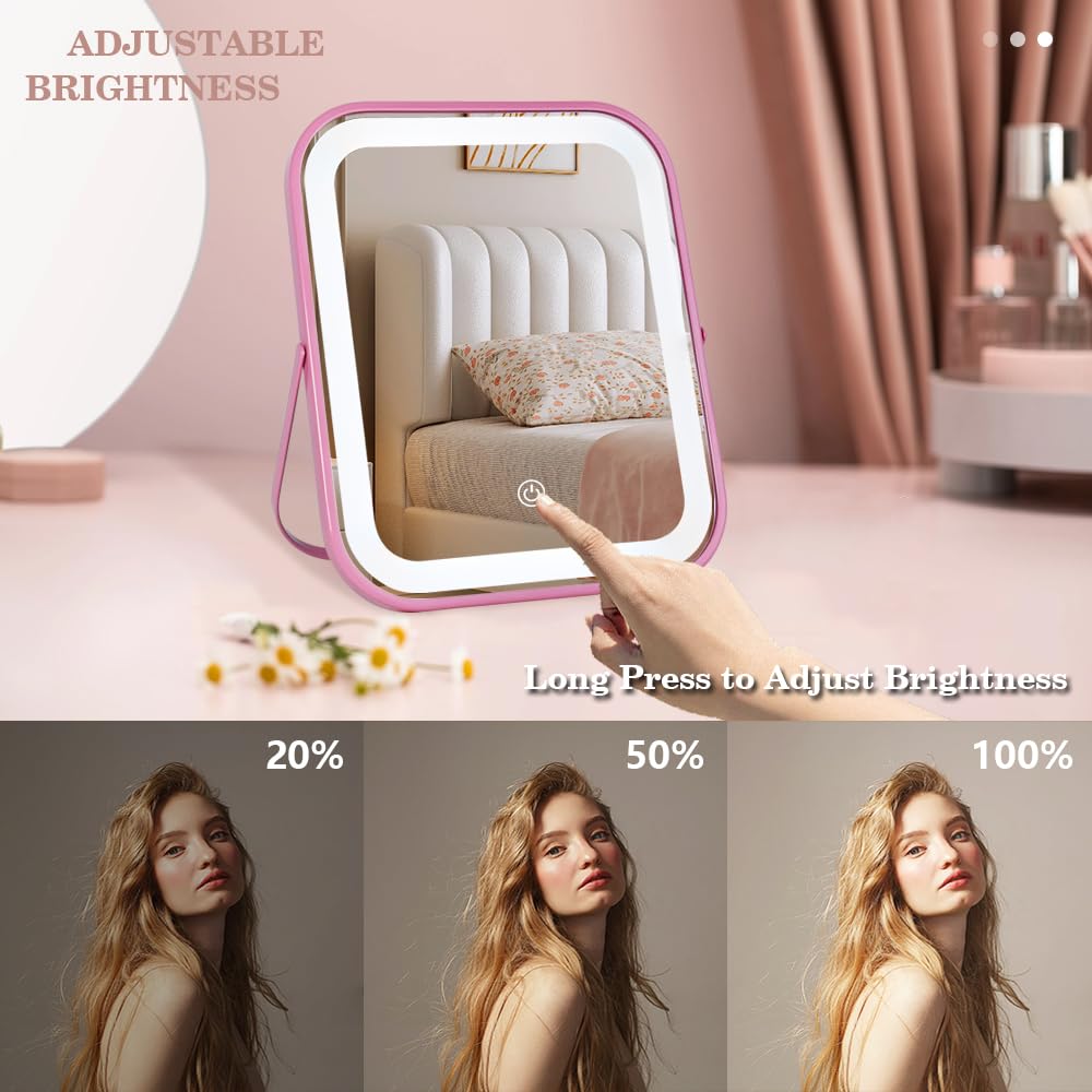 YEKKOPT Pink Vanity Mirror displaying different lighting modes