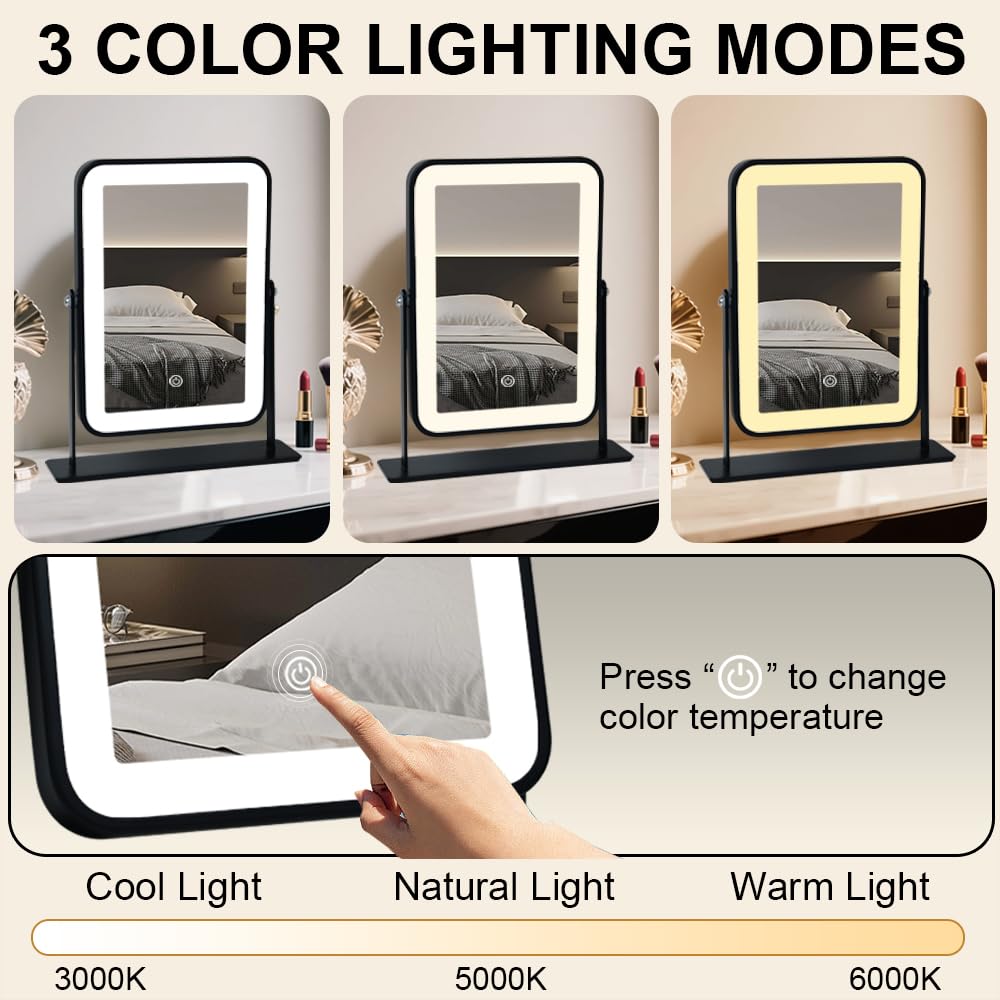 YEKKOPT Portable Desk Vanity Mirror showcasing three-color illumination