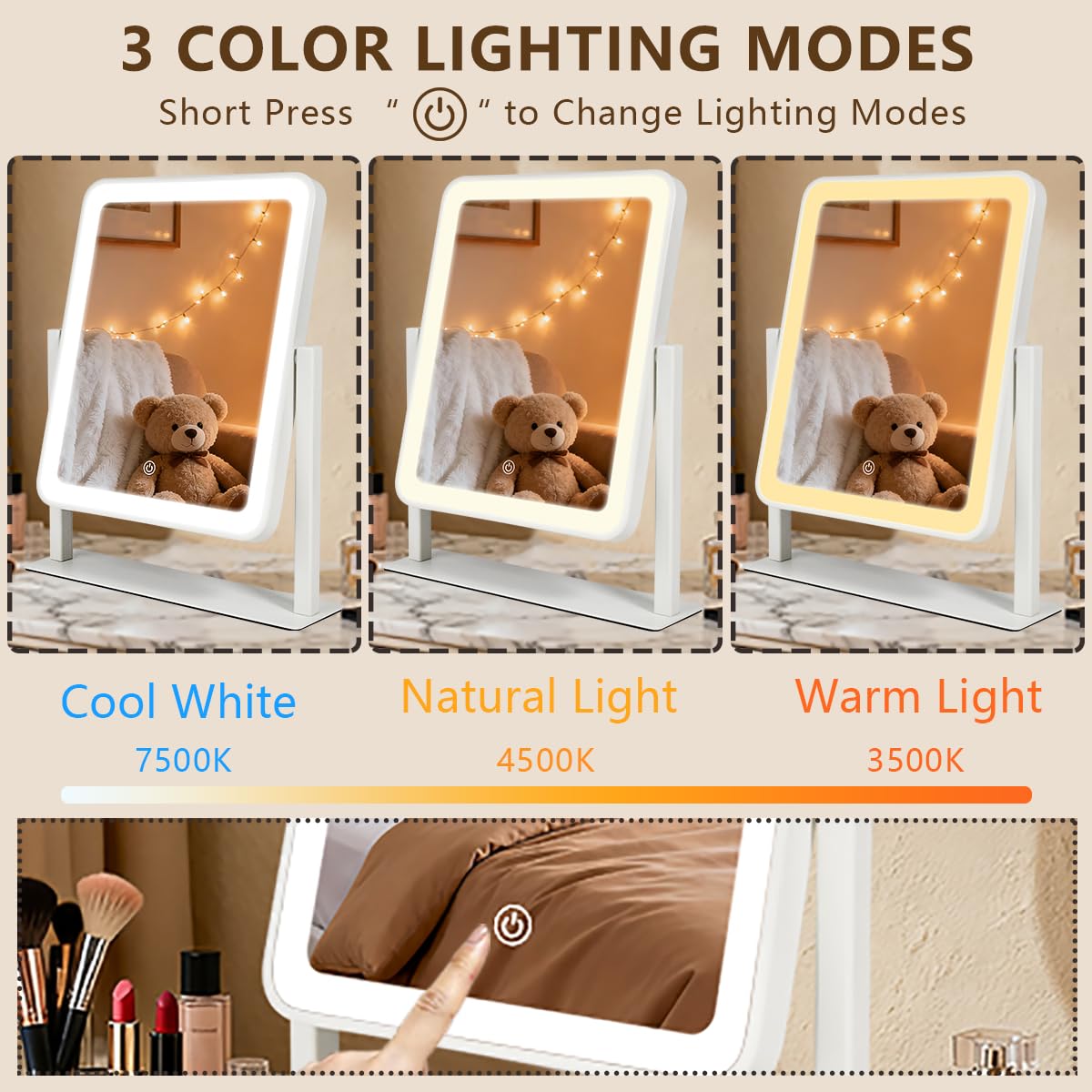 YEKKOPT Vanity Mirror displaying warm lighting mode