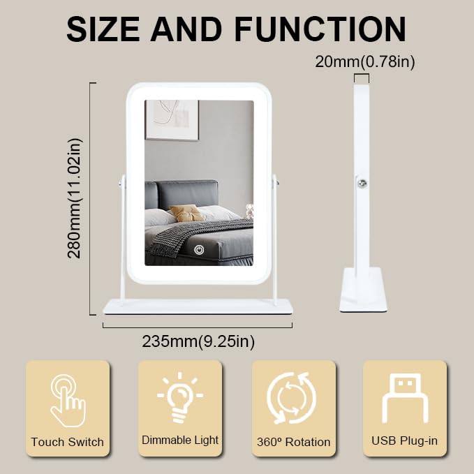 YEKKOPT Vanity Mirror side view showcasing touch screen feature