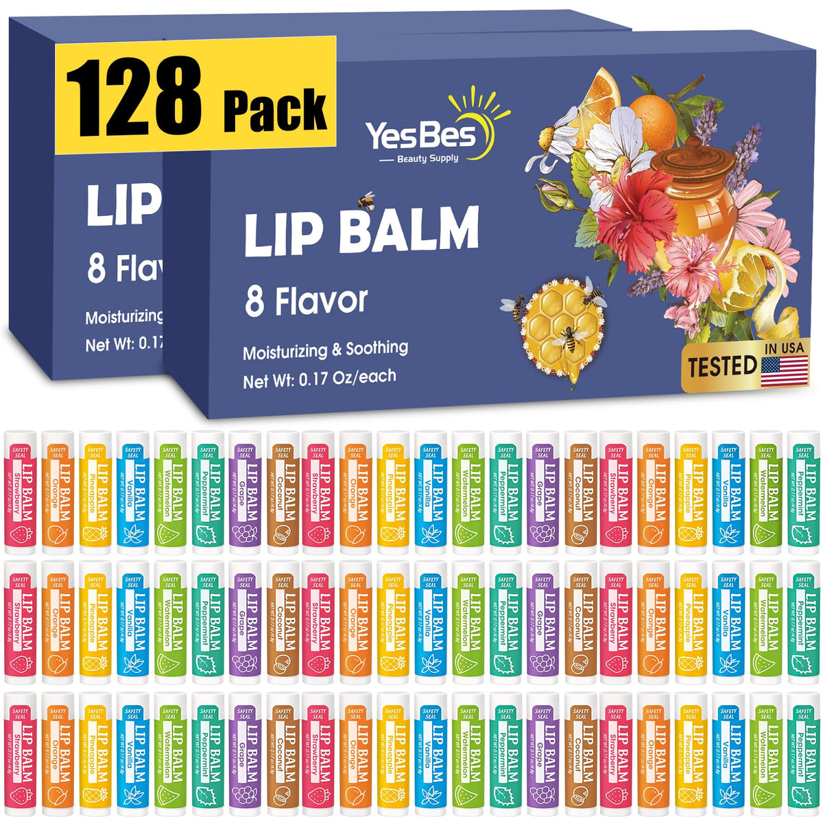 YesBes 128 Pack Lip Balm assorted flavours front view