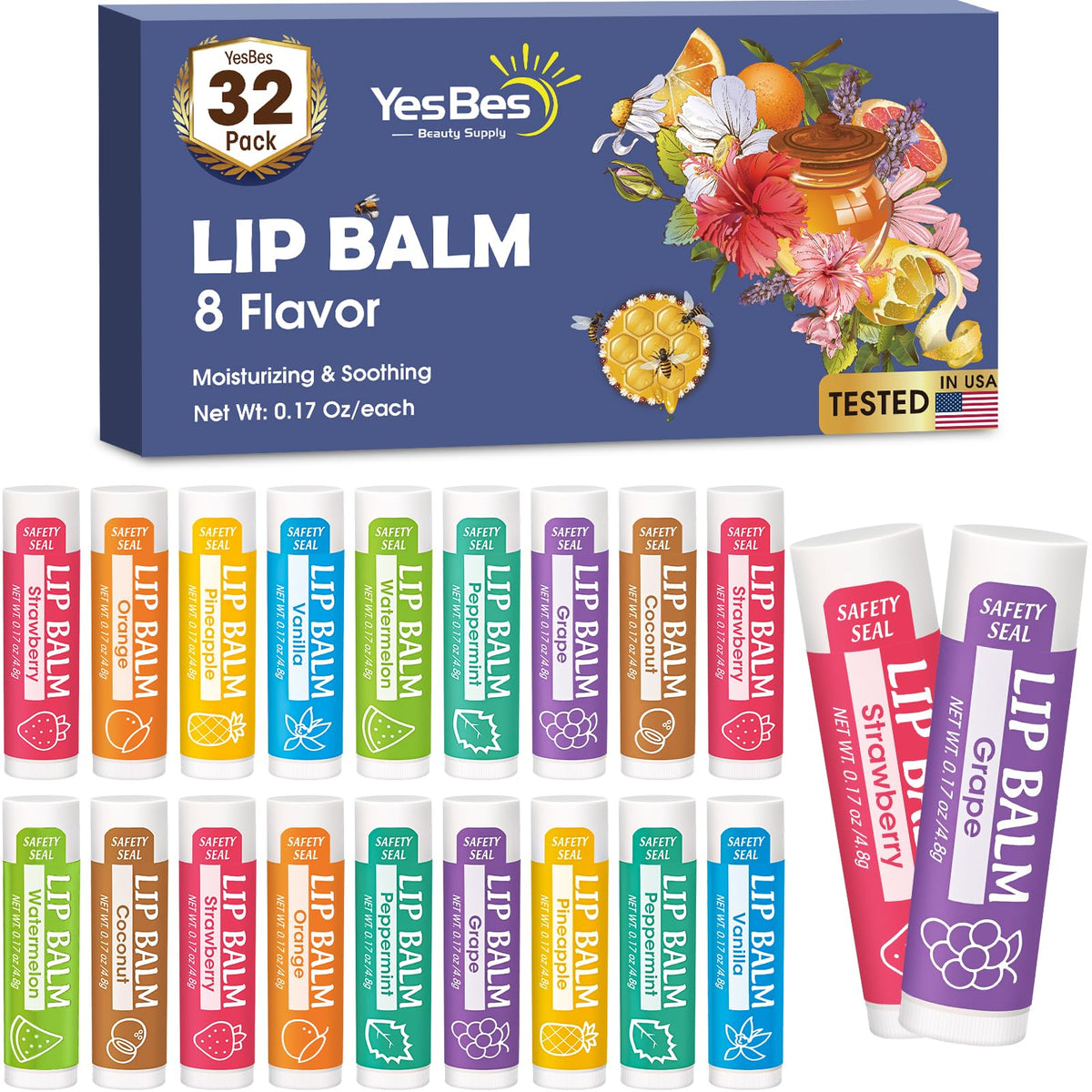 YesBes 32 Pack Lip Balm assorted flavours on display