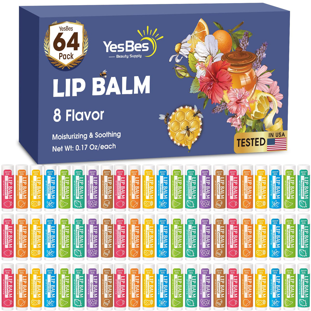 YesBes 64 Pack Lip Balm assorted flavours front view