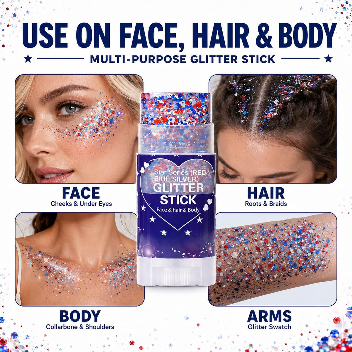 Yeweian Patriotic Hair Glitter Stick applied on cheekbone for festive look