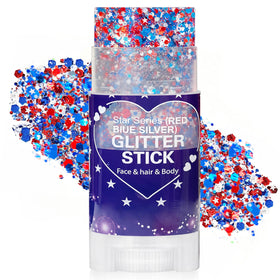 Yeweian Patriotic Hair Glitter Stick front view with red, white, and blue glitter