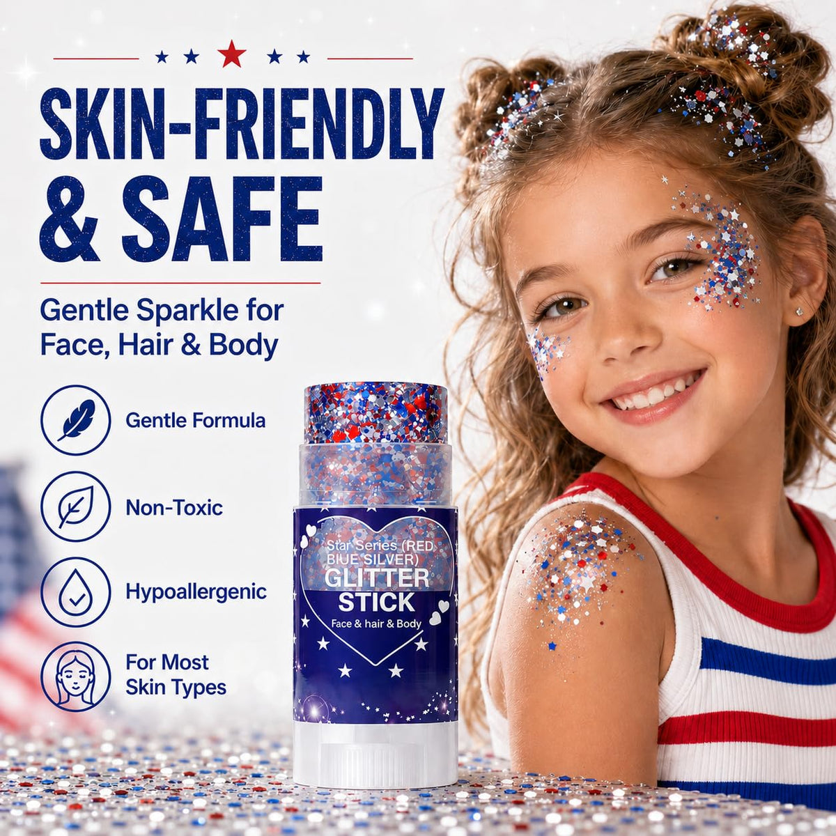 Yeweian Patriotic Hair Glitter Stick in hand for easy application demonstration