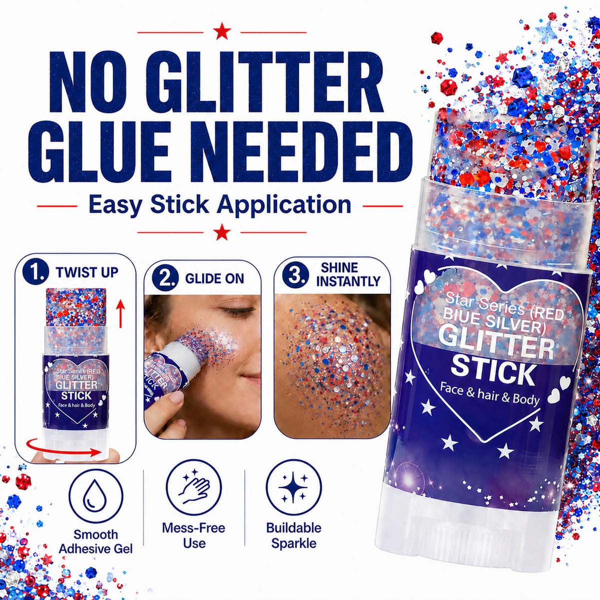 Yeweian Patriotic Hair Glitter Stick packaging with vibrant design