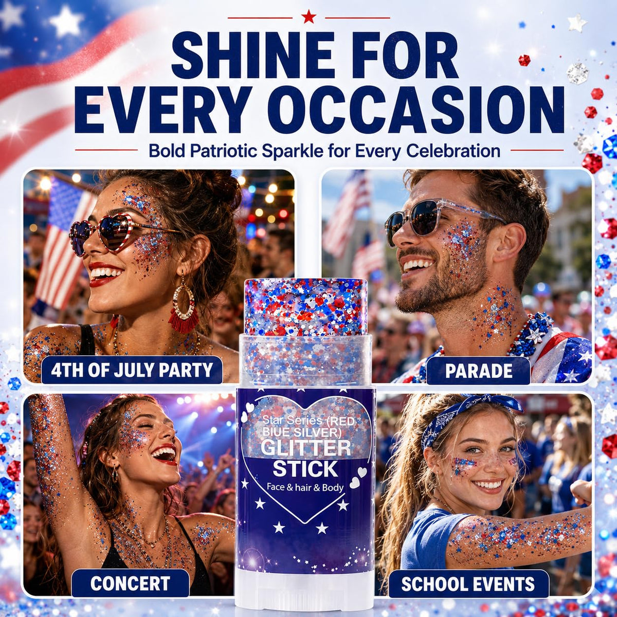 Yeweian Patriotic Hair Glitter Stick showing multi-dimensional shine