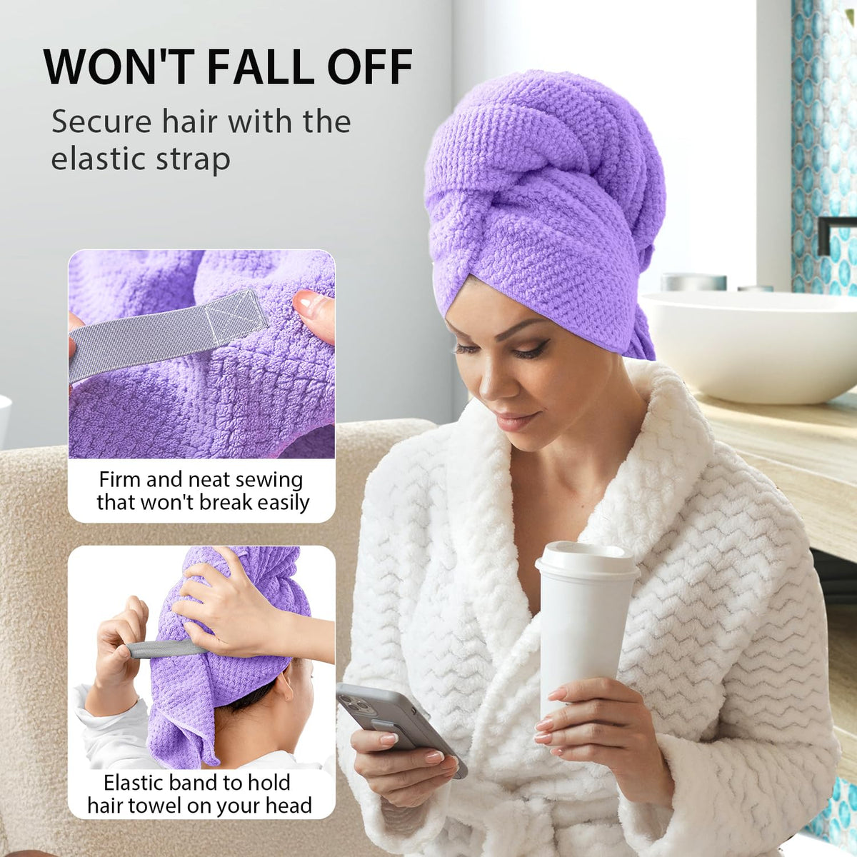 YFONG hair towel wrap being used by a woman after shower