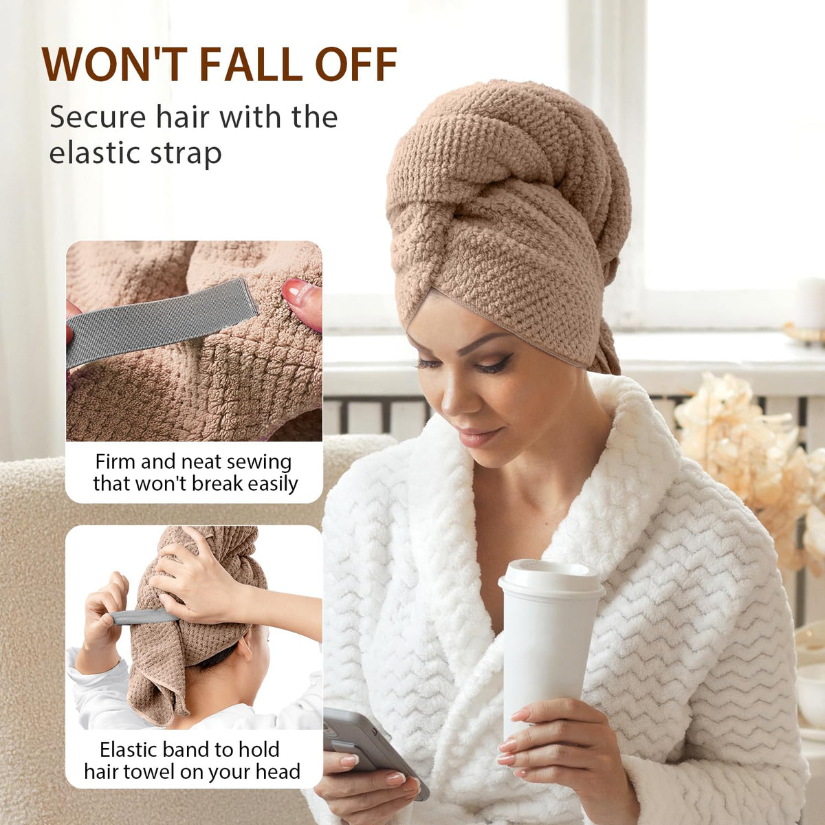 YFONG Large Microfiber Hair Towel Wrap with measuring dimensions