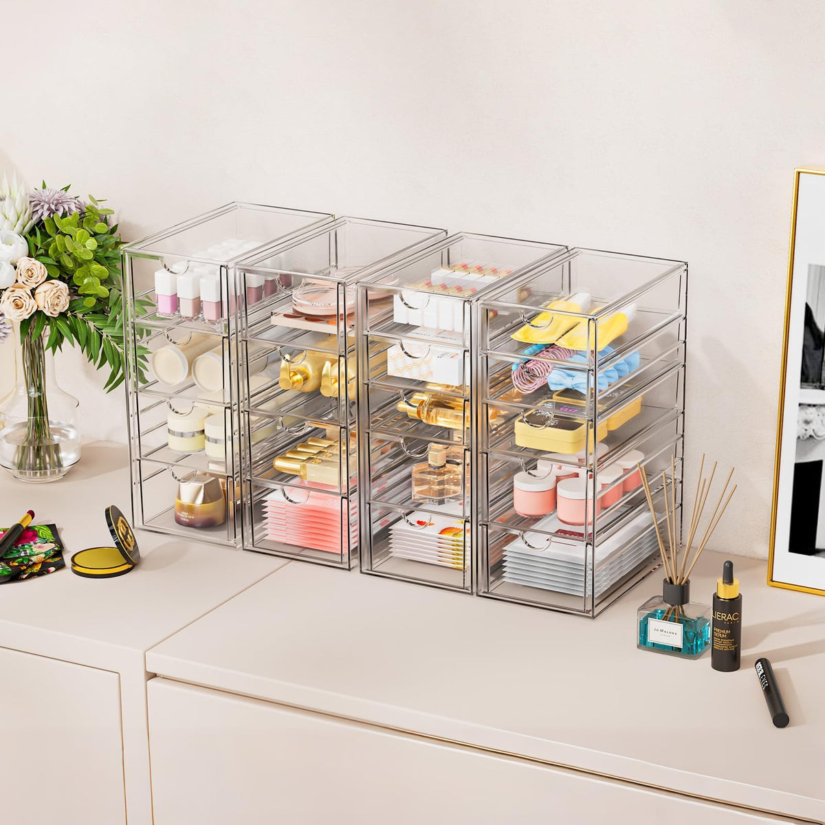 YFXCVSL 31-Drawer organizer with makeup products inside