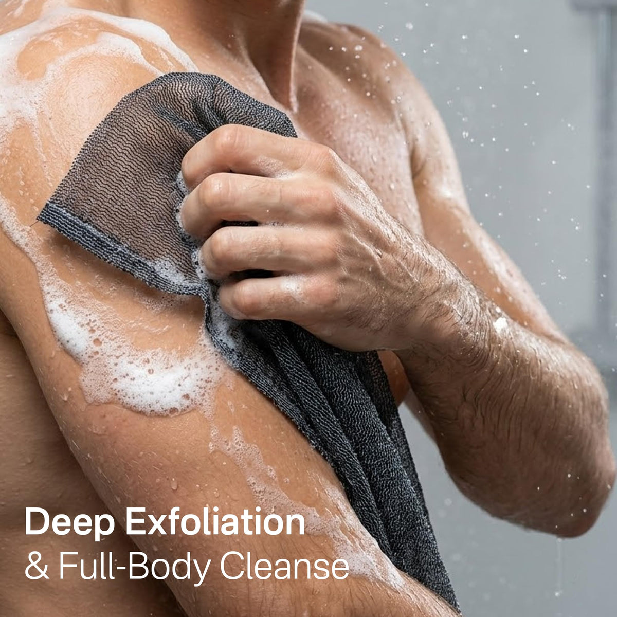 Yiclick exfoliating towels displayed with bath accessories