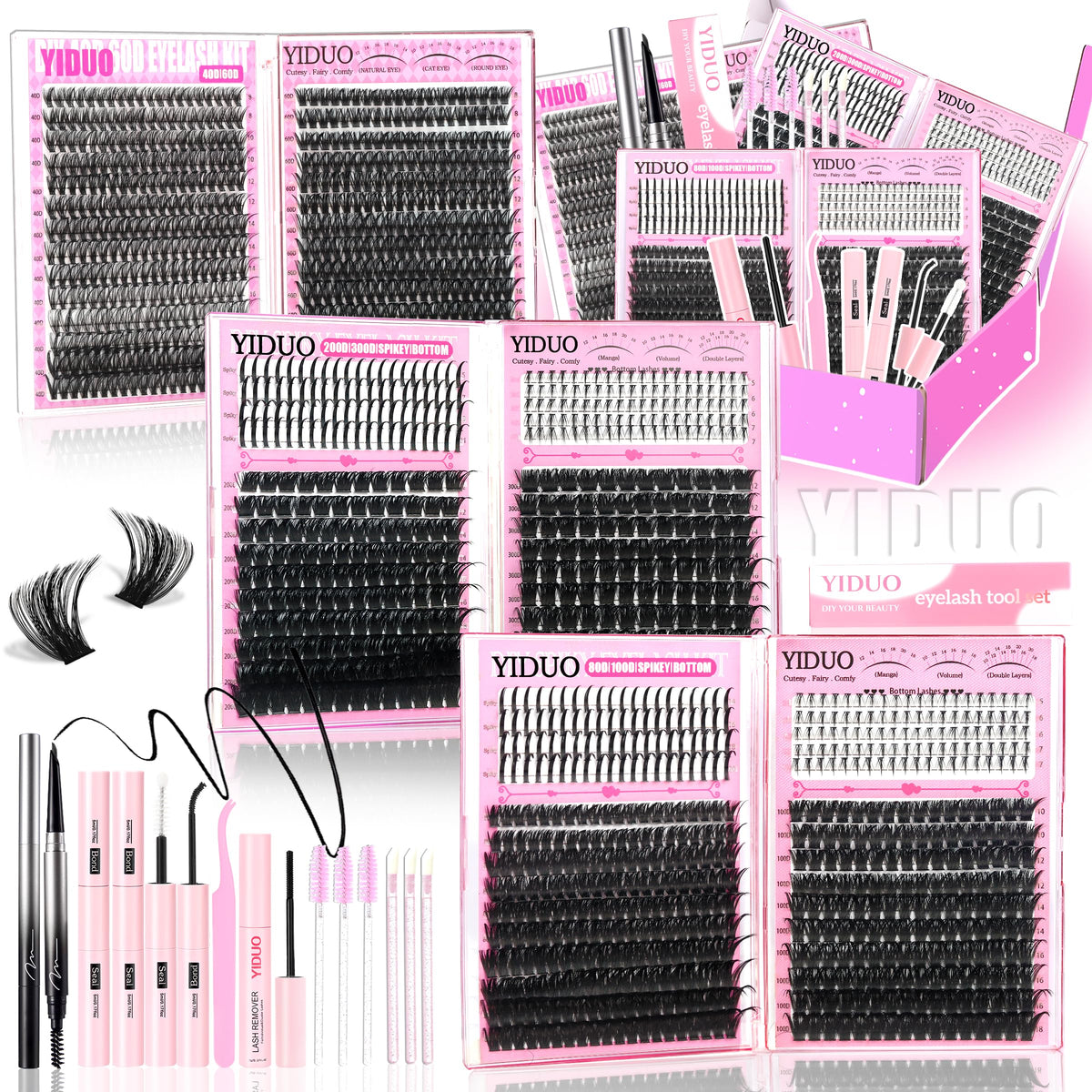 YIDUO 1520Pcs Lash Clusters Kit front view with all components