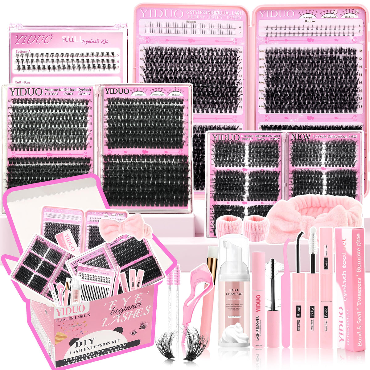 YIDUO 1846Pcs Lash Clusters Kit front view with various lash styles