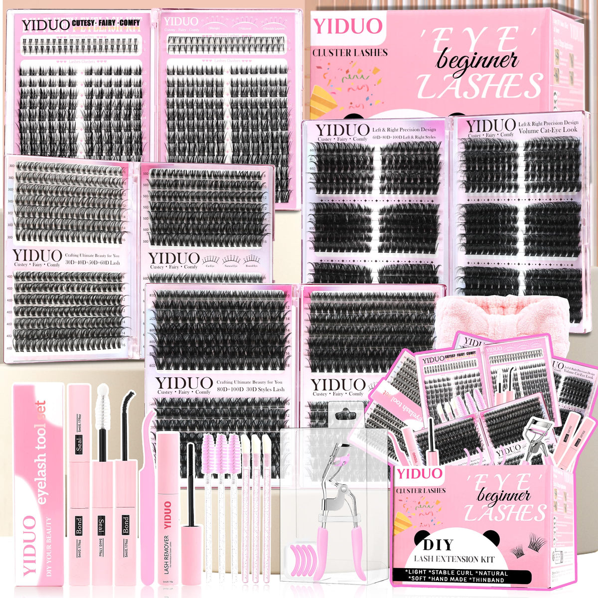 YIDUO 1916Pcs Cluster Lash Kit front view with all components