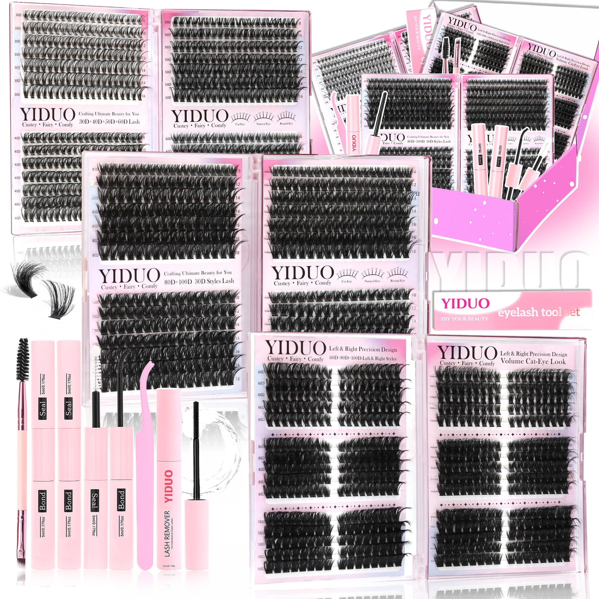 YIDUO 6 Styles Lash Clusters Kit with 1548 pieces and accessories