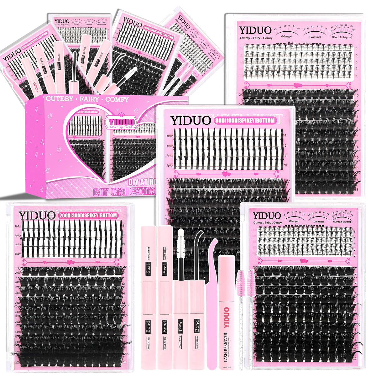 YIDUO 960Pcs Lash Clusters Kit front view with various lash styles