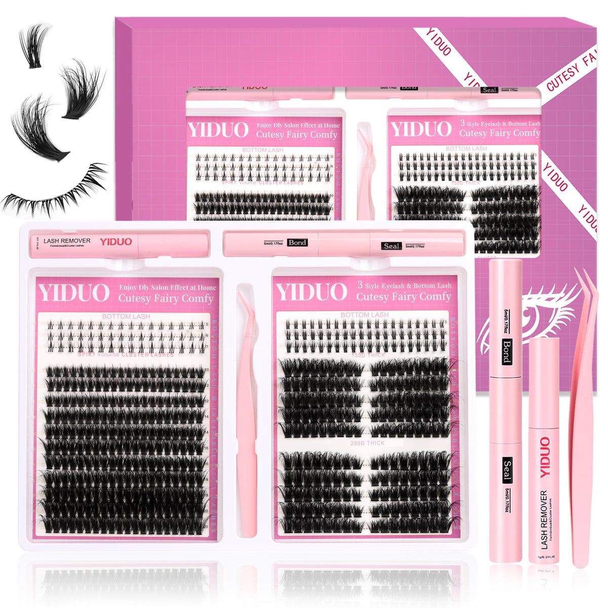 YIDUO Cluster Lashes Kit 498Pcs with Bond and Seal front view