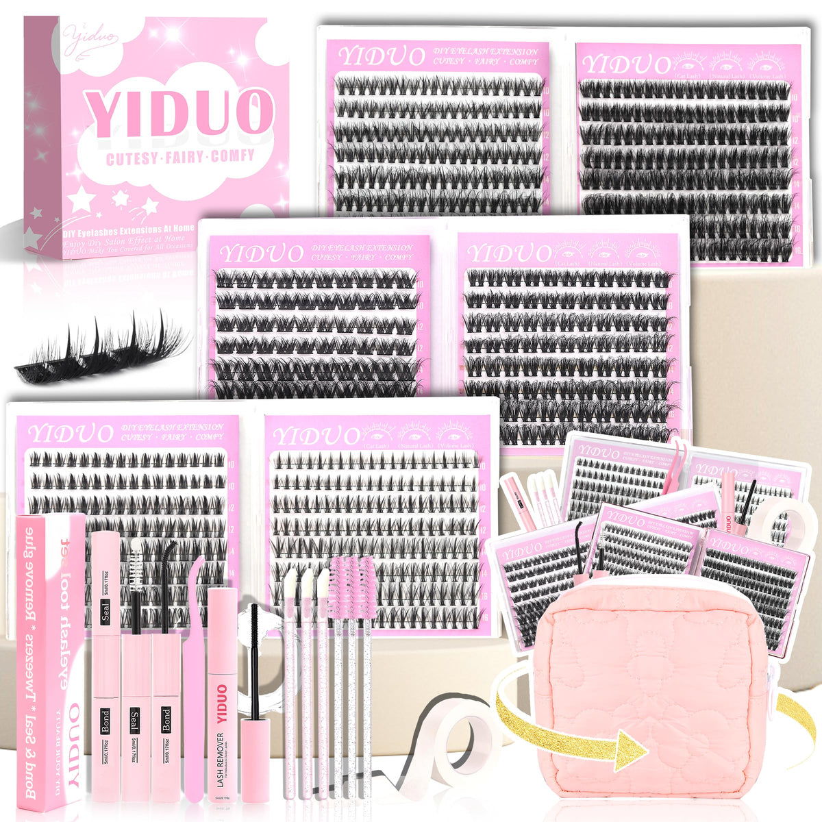 YIDUO Eyelash Clusters Kit with portable makeup bag