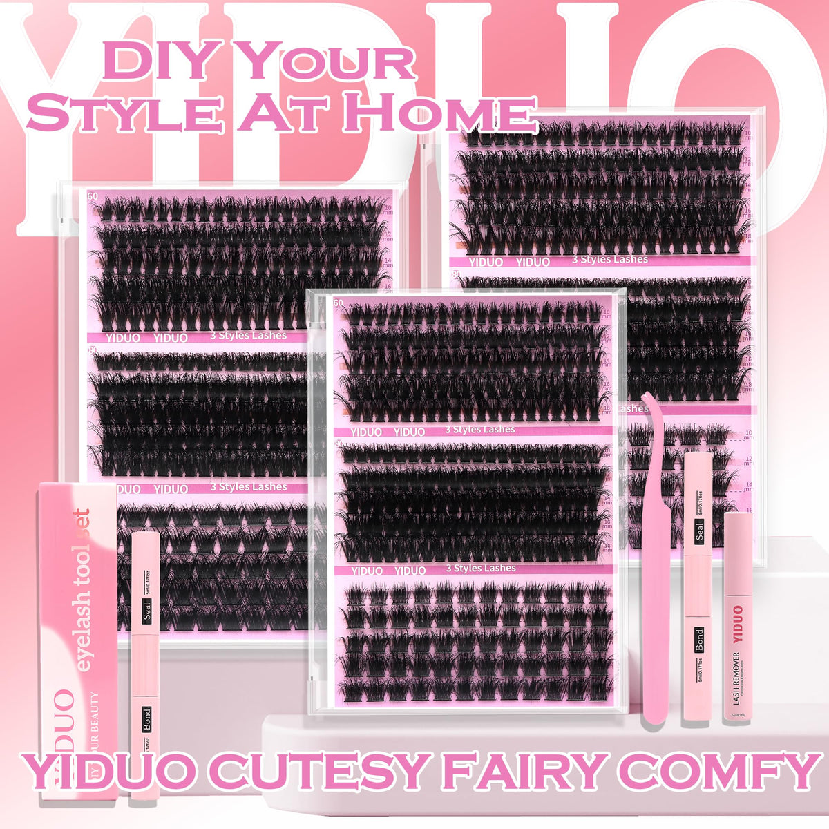 YIDUO Lash Clusters Kit components laid out flat