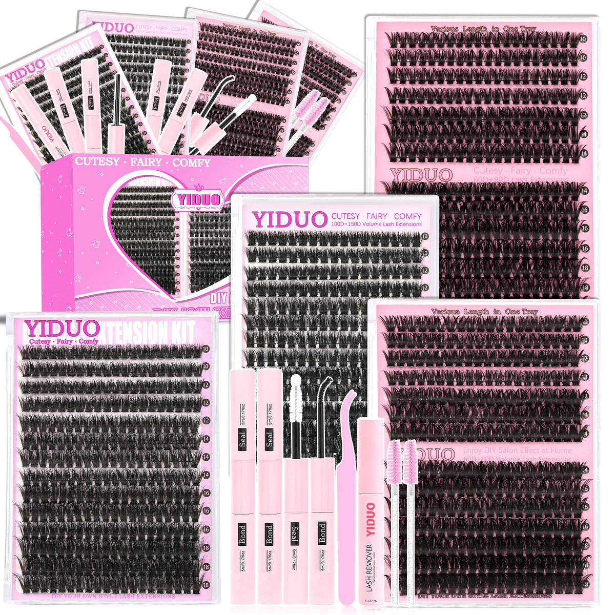 YIDUO Lash Clusters Kit with 60D, 80D, 100D, and 150D lashes
