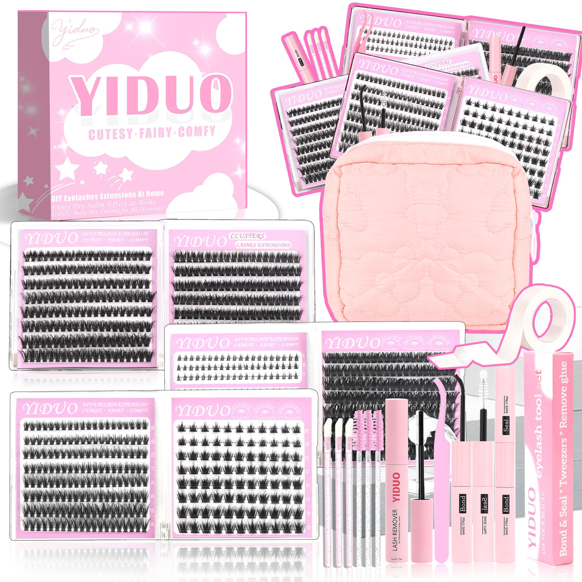 YIDUO Lash Clusters Kit with portable makeup bag and lash tools
