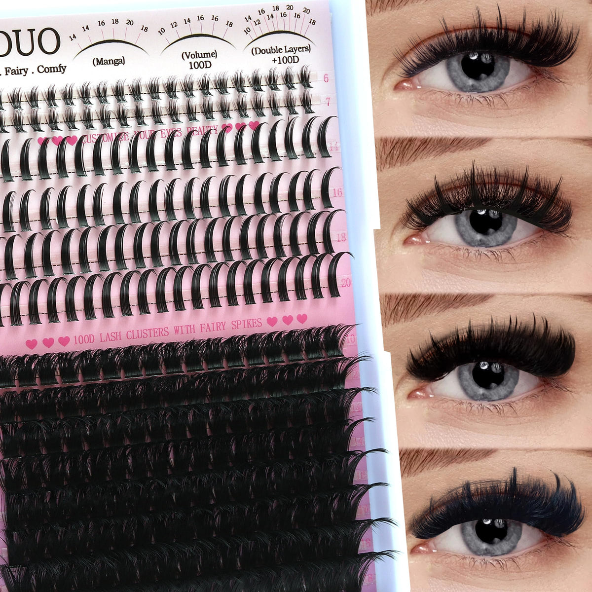 YIDUO Lashes Clusters 280Pcs front view with spiky lashes