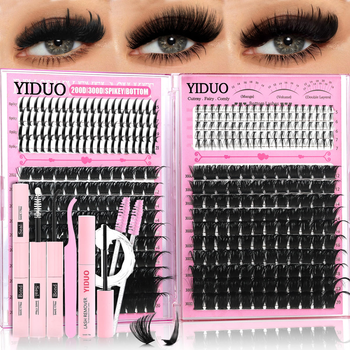 YIDUO Lashes Clusters Kit front view with various lash styles