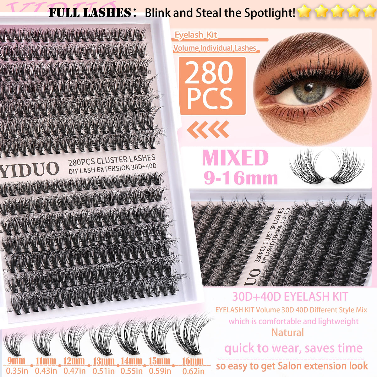 YIDUO Lashes Clusters Kit with eyelash brushes displayed