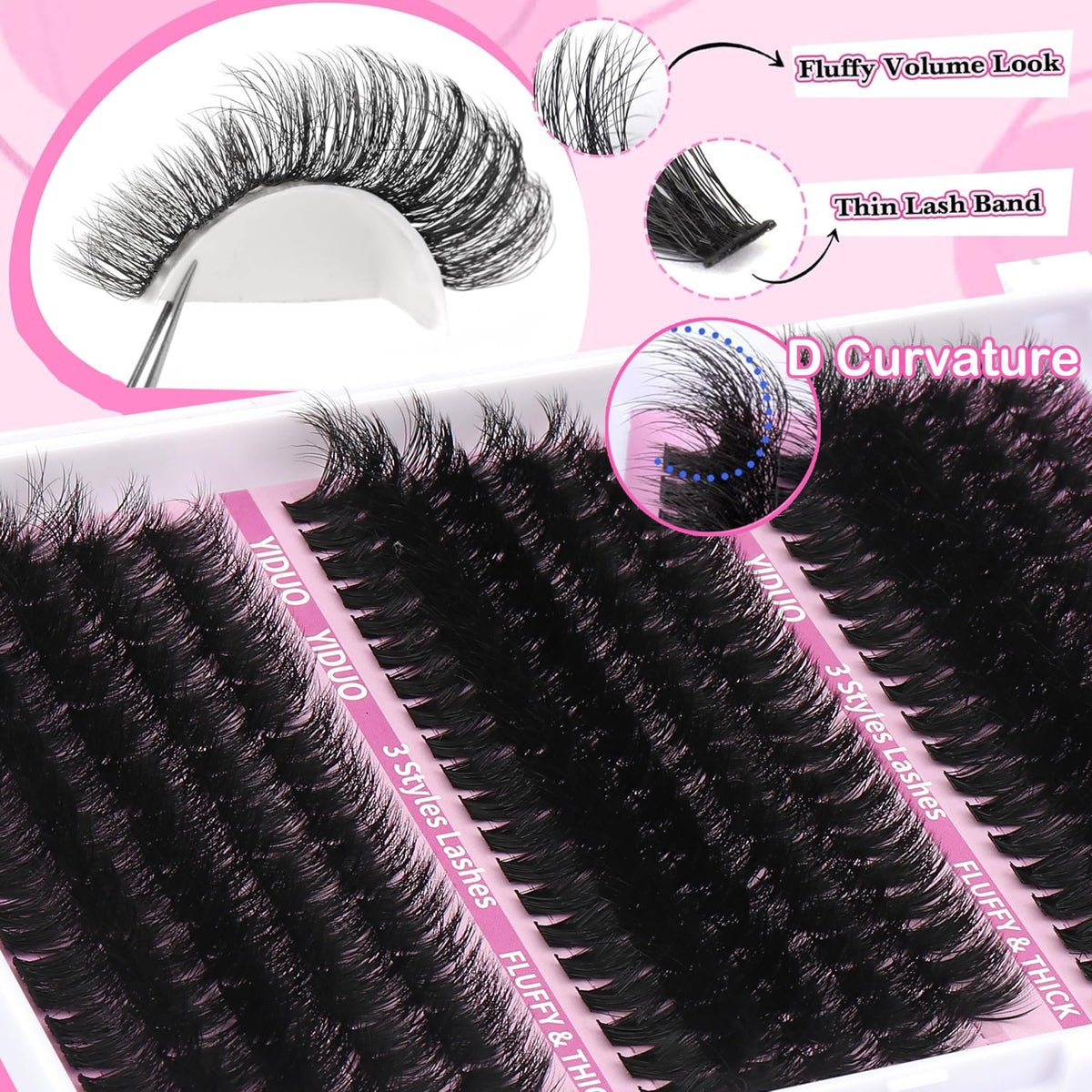 YIDUO Volume Lash Clusters Kit contents including lashes and tools