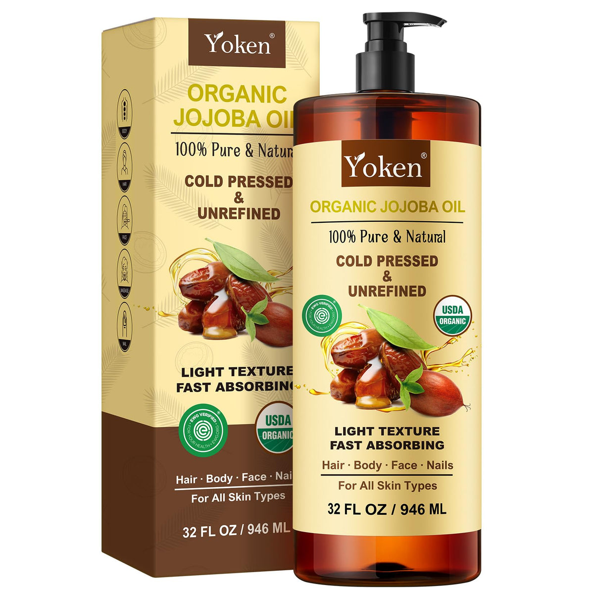 Yoken 32 fl oz Pure Jojoba Oil front view with pump
