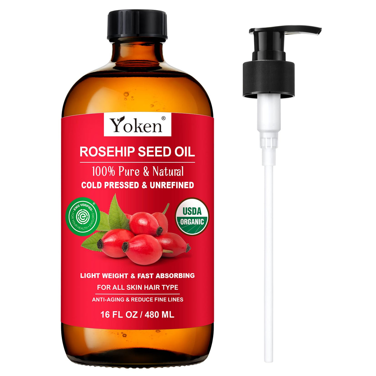 Yoken Cold Pressed Organic Rosehip Seed Oil 16 fl oz front view