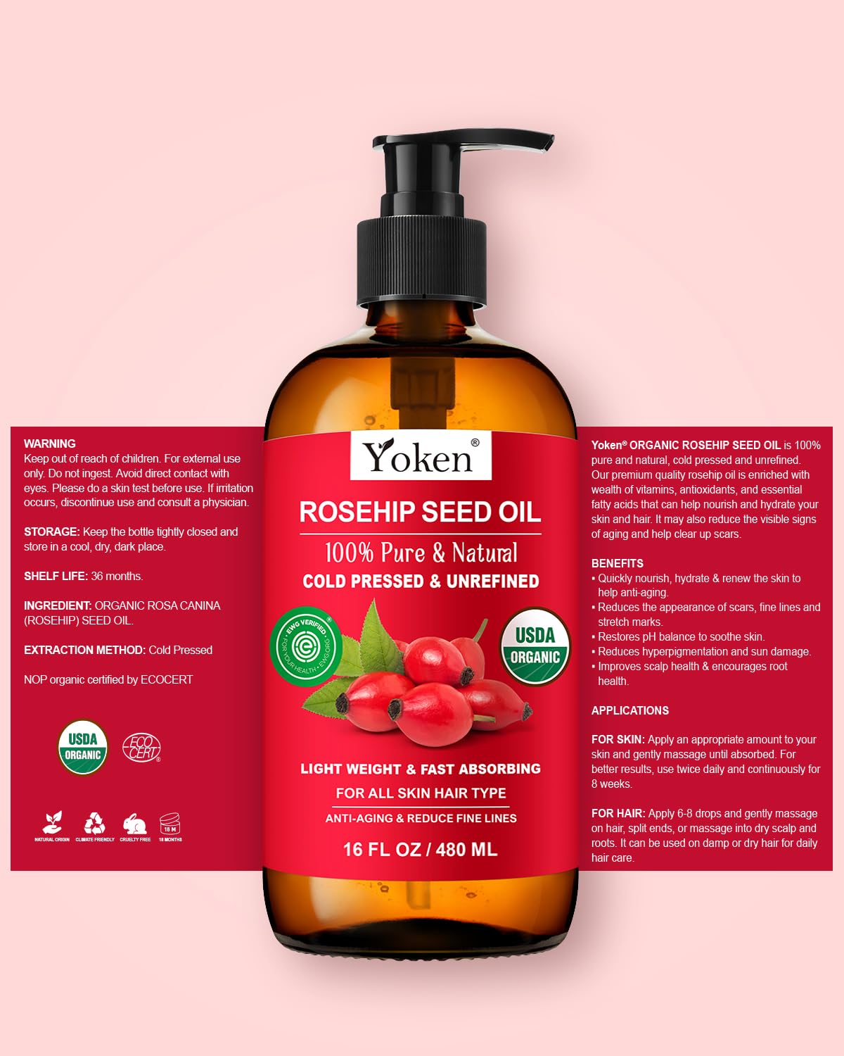 Yoken Cold Pressed Organic Rosehip Seed Oil packaging details