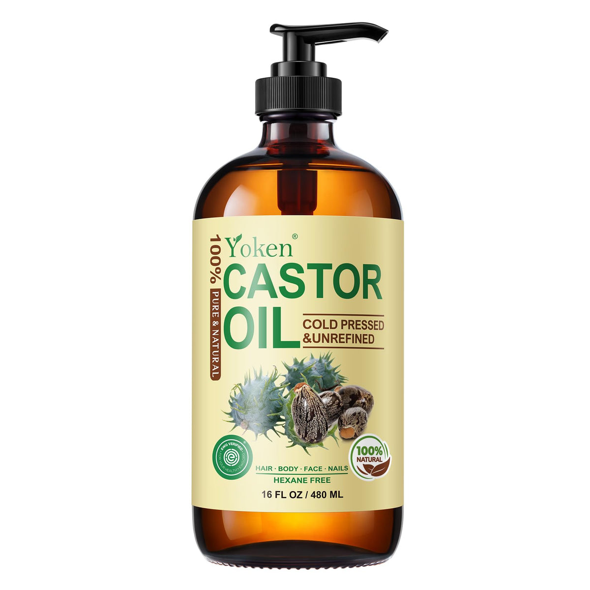 Yoken Organic Castor Oil 16oz amber glass bottle front view