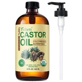 Yoken Organic Castor Oil 32oz amber glass bottle with pump