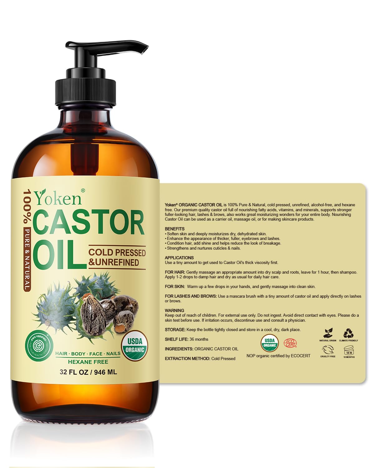 Yoken Organic Castor Oil 32oz on a wooden table