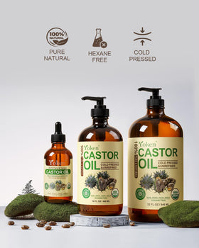 Yoken Organic Castor Oil bottle with essential oils