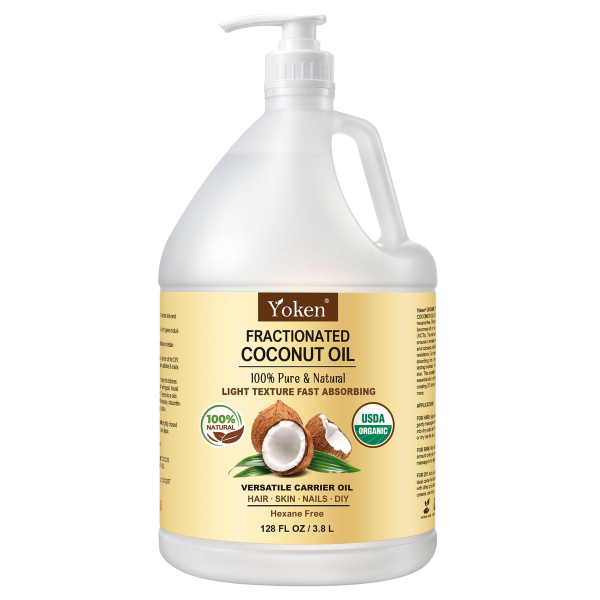 Yoken Organic Fractionated Coconut Oil 128oz bottle front view