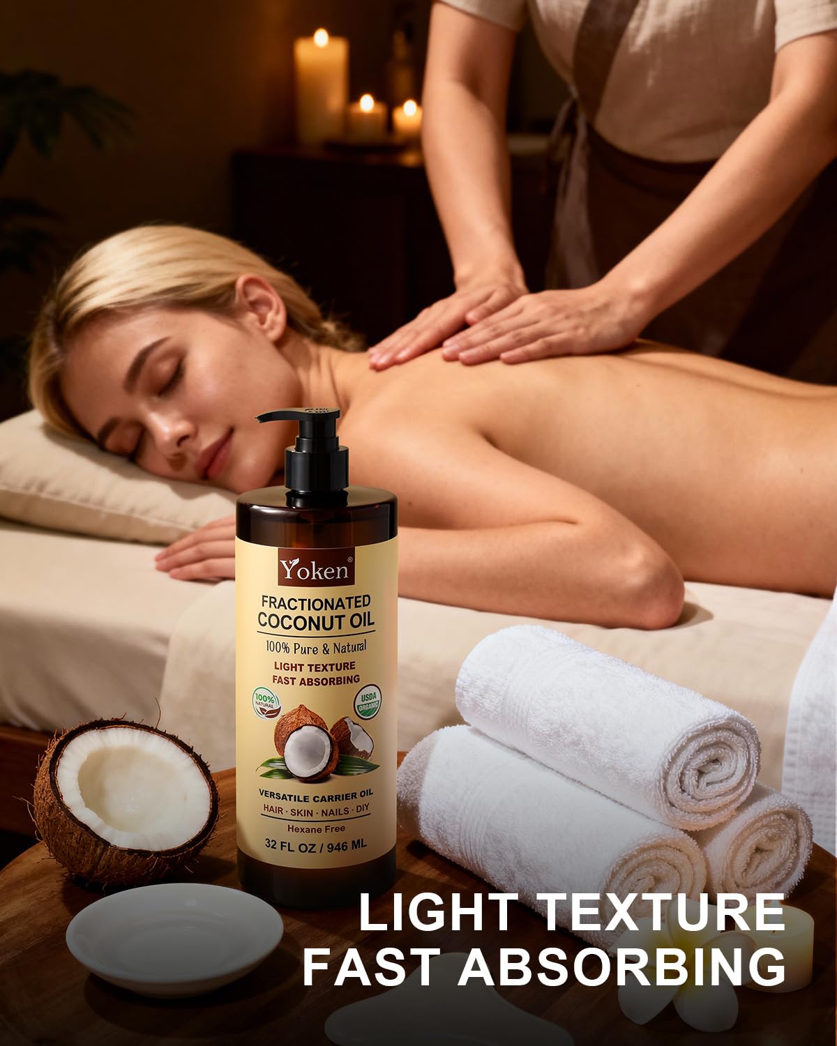 Yoken Organic Fractionated Coconut Oil in a bathroom setting