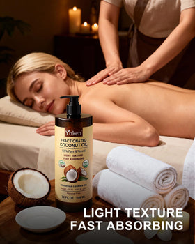 Yoken Organic Fractionated Coconut Oil in a bathroom setting