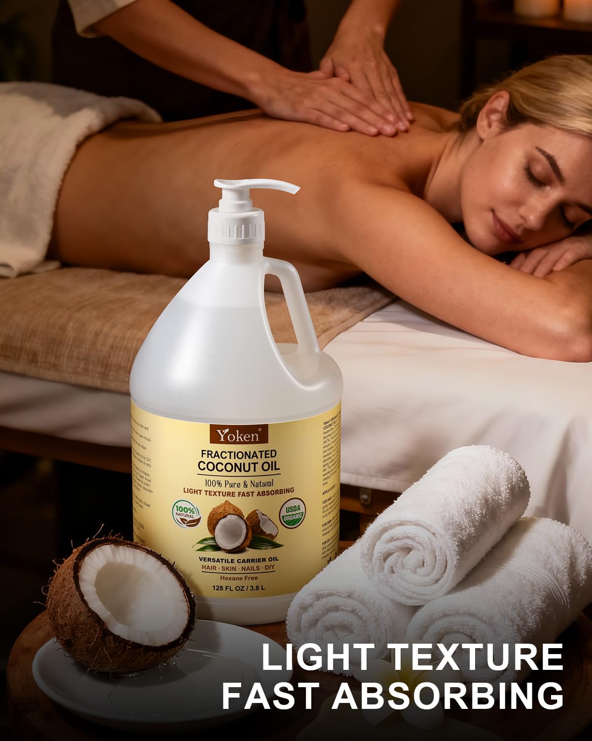 Yoken Organic Fractionated Coconut Oil in a spa setting