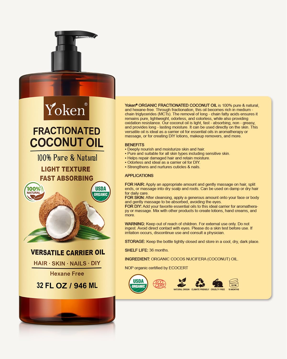 Yoken Organic Fractionated Coconut Oil with plants in background